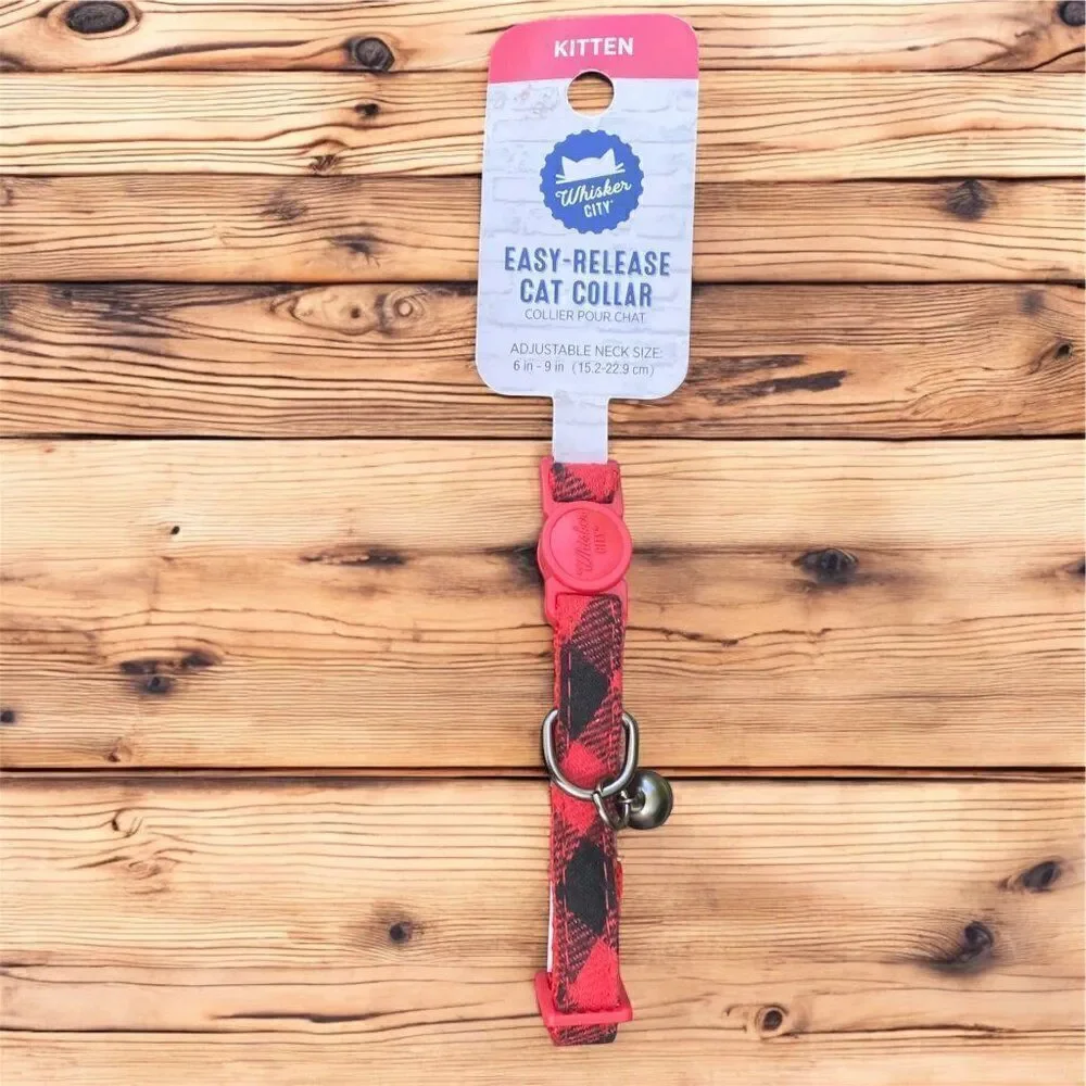 NWT New Whisker City Pet Cat/Kitten Collar & Leash Red/Black Flannel Design